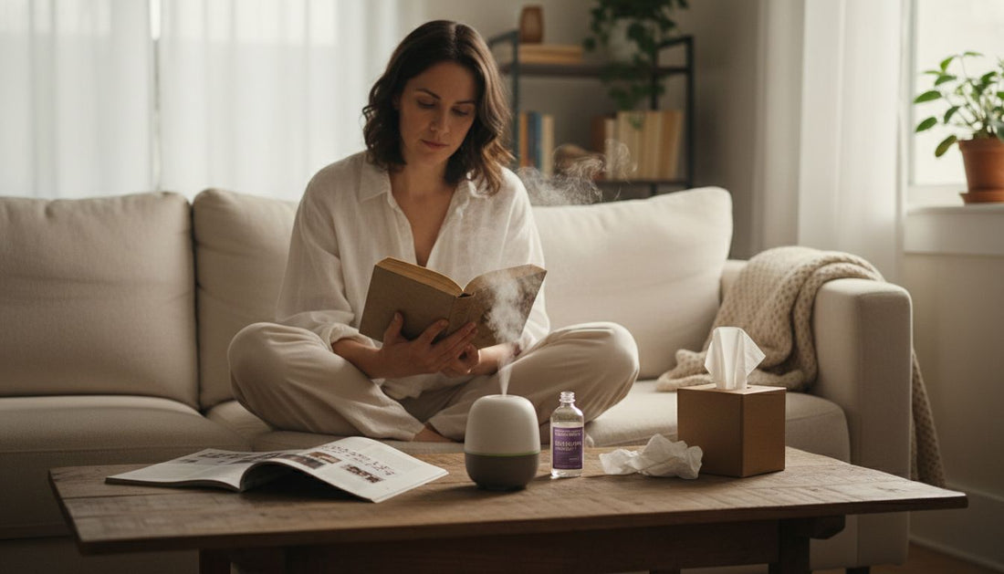 Woman relaxing with diffuser in calm living room