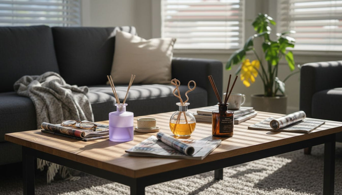 Various reed diffusers on sunlit living room table