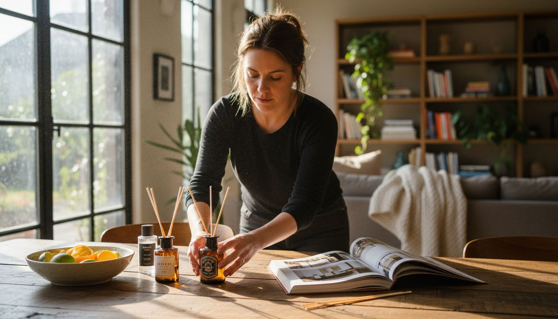 Stylist arranges reed diffusers on dining table