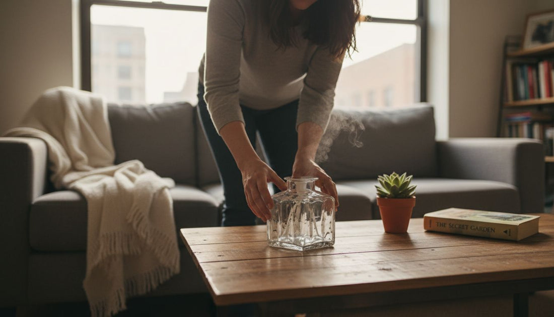 Woman placing decorative diffuser in cozy living room